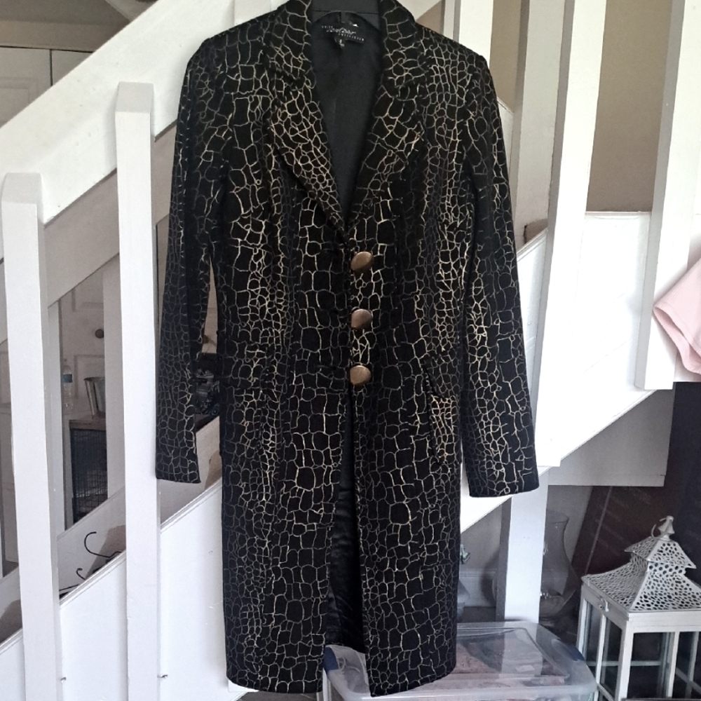Cache  Collection Elegant Black and Gold Women's Coat 3pocket Lined EUC S